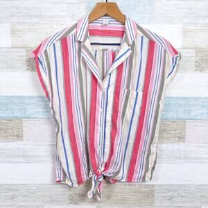 Old Navy Notch Collar Tie Hem Shirt Pink Multi Striped Short Sleeve Womens Small